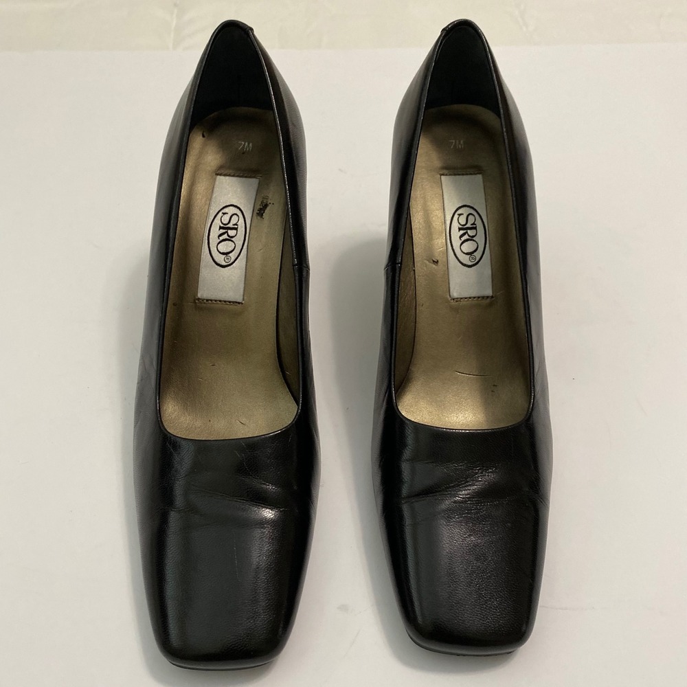 SRO Block Heel Pumps Womens 7 Black 90s Vintage Square Toe Corporate Shoes - Picture 2 of 7